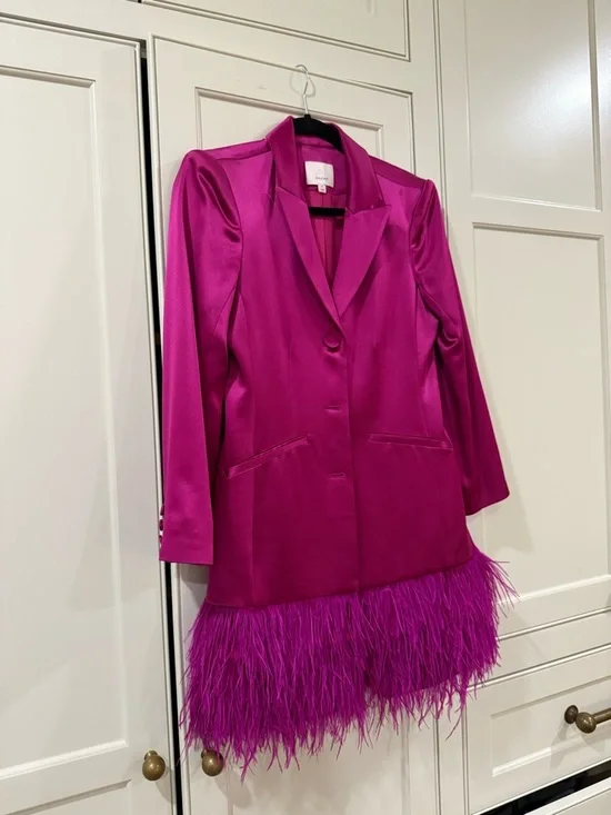 cinq a sept Hot Pink Satin Blazer Dress with Feather Hem - Picture 2 of 4
